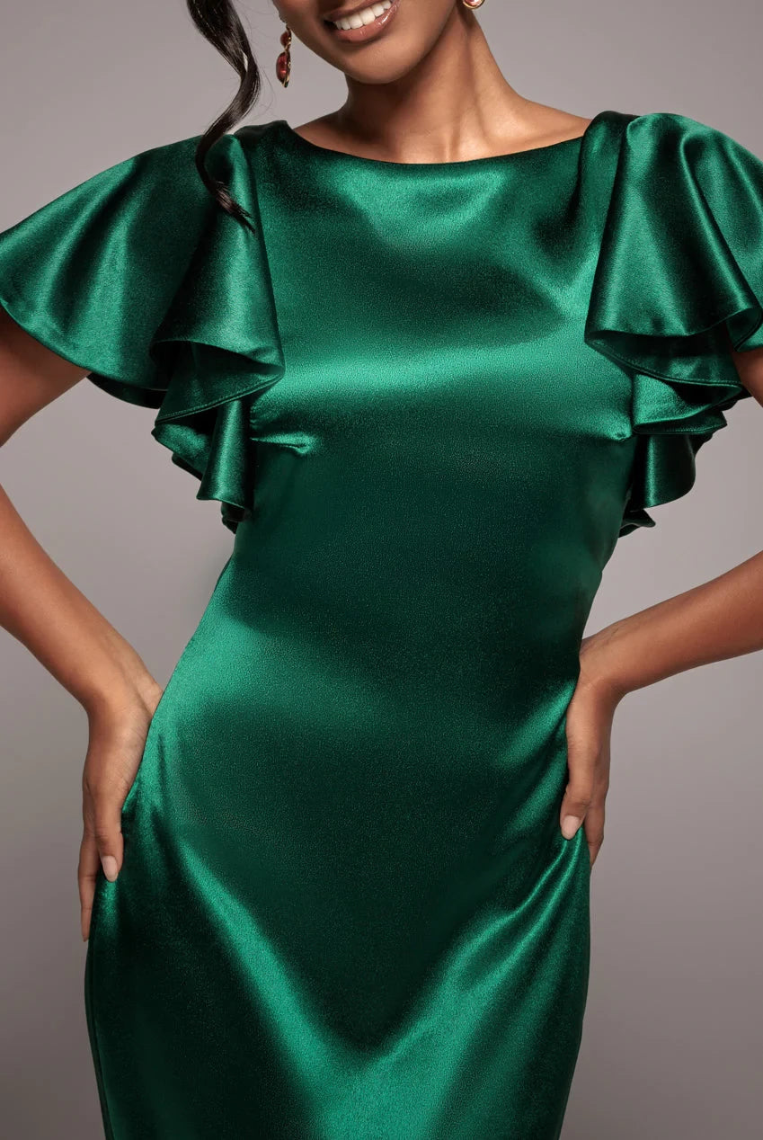 Glamorous Luxe Scoop Neck Ruffled Sleeve V-Back Satin Mermaid Formal Floor-Length Evening Dress