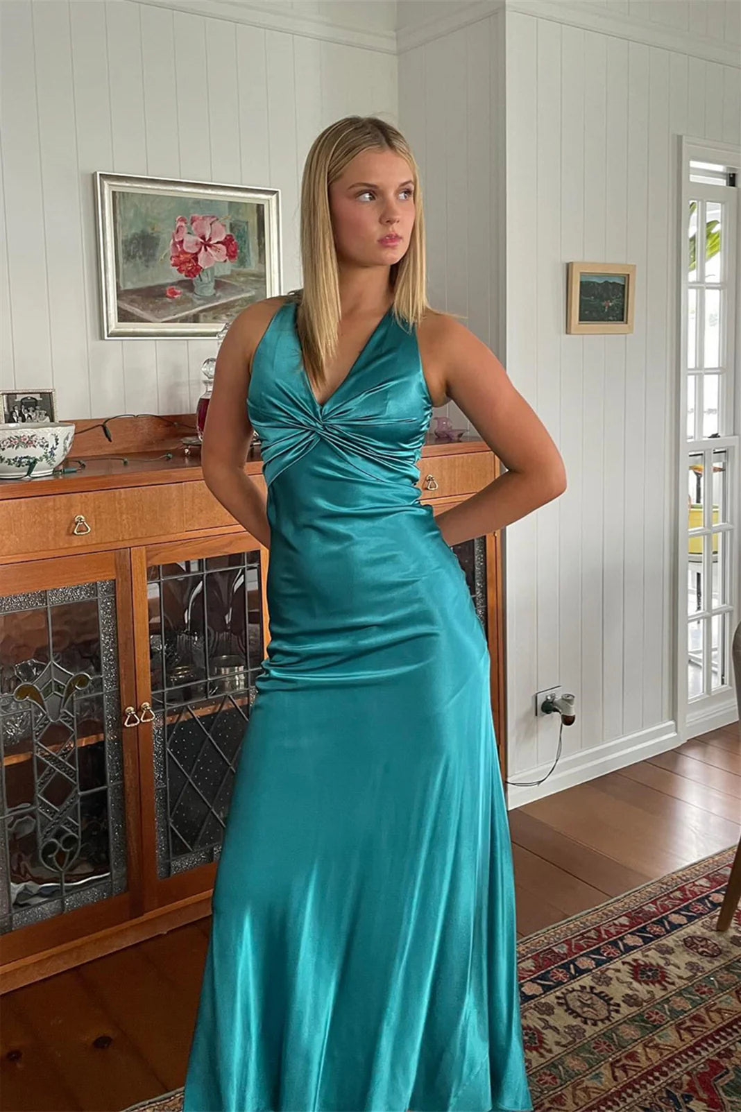 Glamorous Mermaid Halter Neck Sleeveless Open Back Floor Length Evening Dress