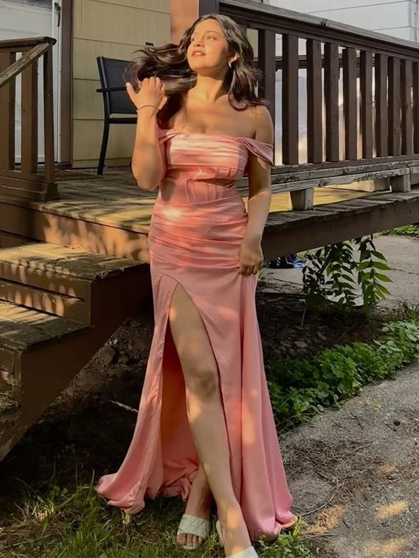 Glamorous Mermaid Off-Shoulder Corset-Back High-Slit Floor-Length Satin Evening Dress