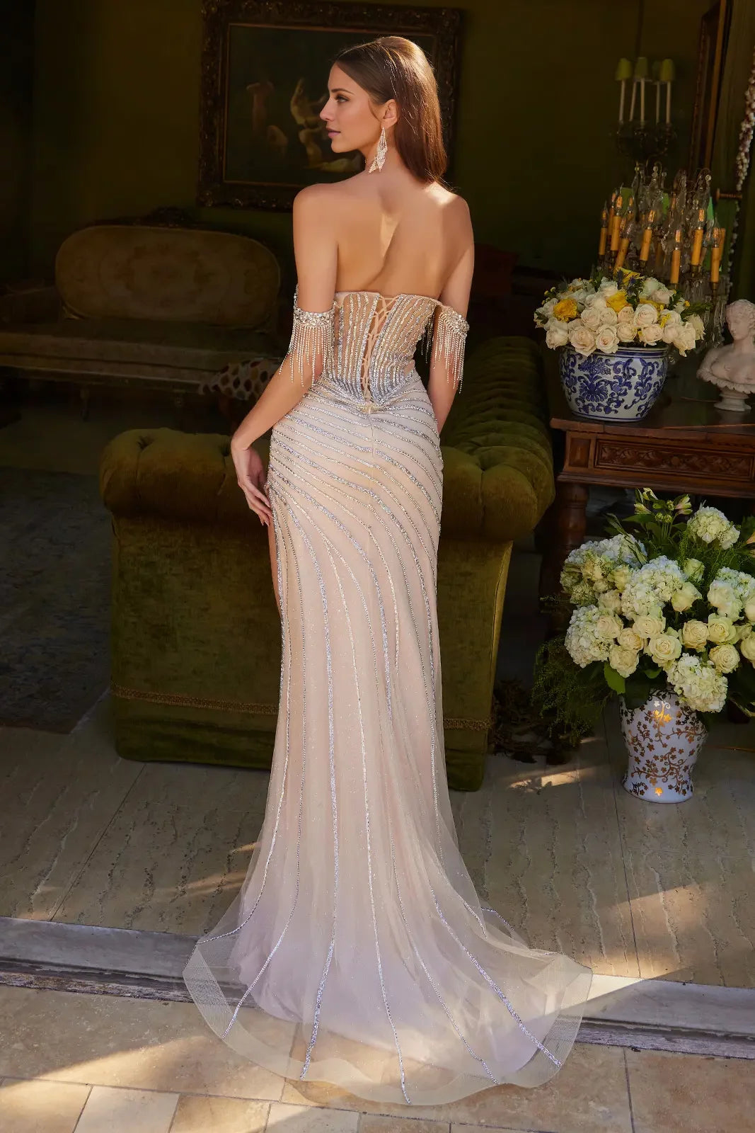 Glamorous Mermaid Off-Shoulder Fringe-Trim Sheer-Back Slit Train-Length Evening Dress