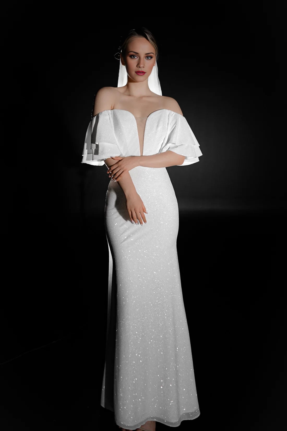 White Glitter Sheath/column Gown with V-Neck and Off-the-Shoulder Ruffles