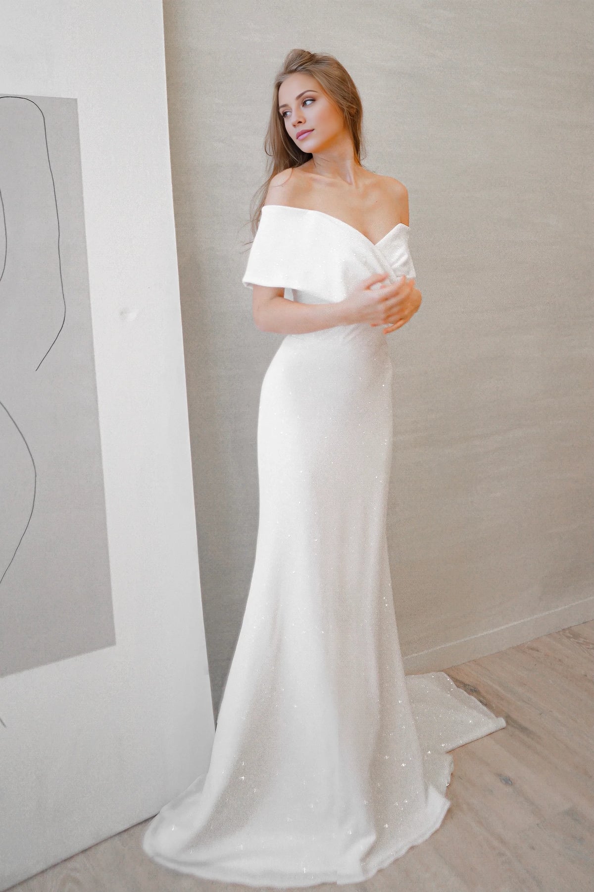 White Glitter Fabric Off-the-Shoulder Floor-Length Sheath/Column Gown
