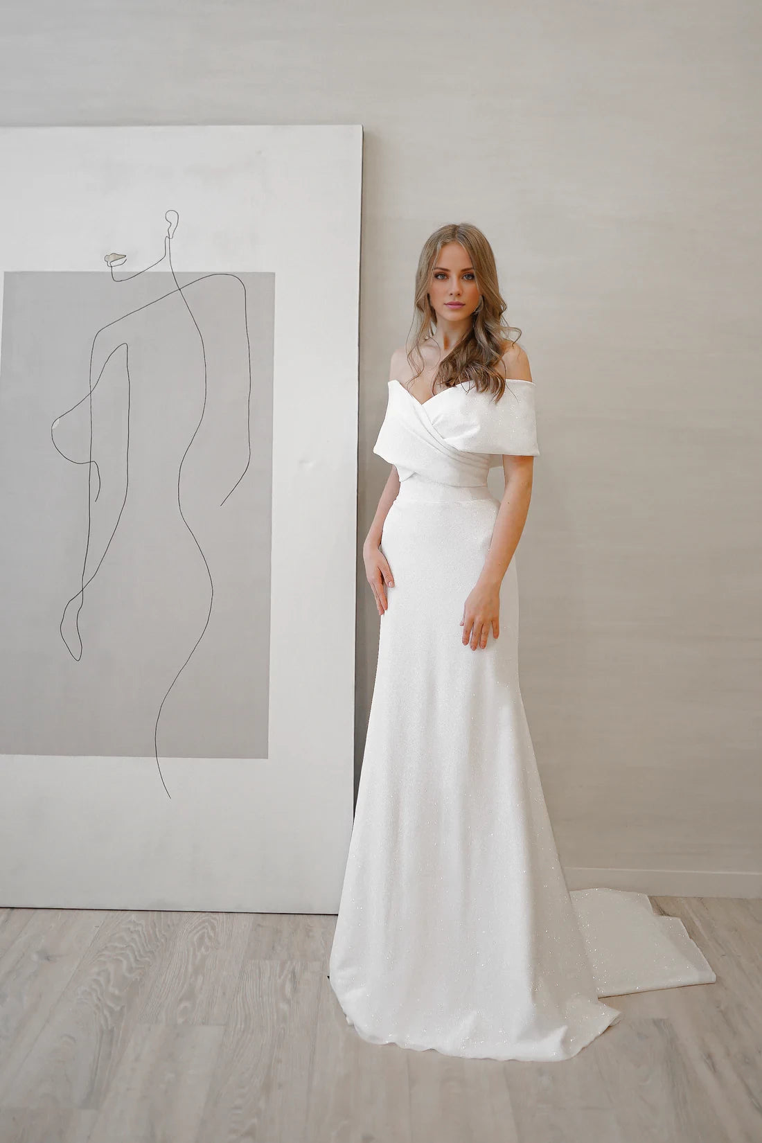 White Glitter Fabric Off-the-Shoulder Floor-Length Sheath/Column Gown