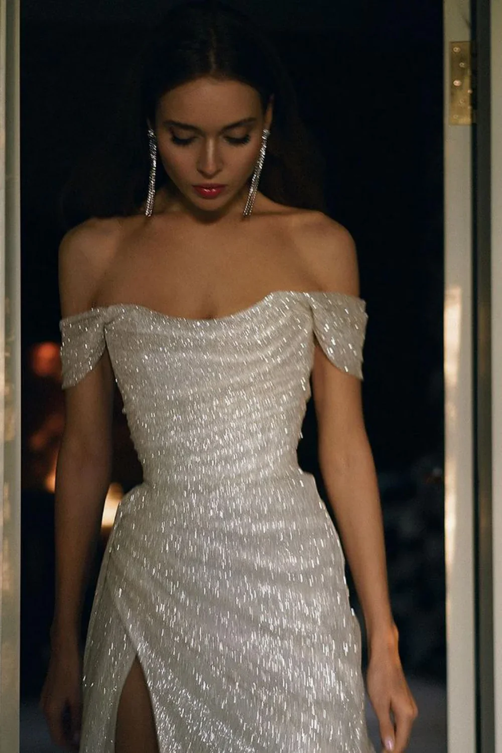 Glamorous Mermaid Off-the-Shoulder Corset Back Floor-Length Sequin Evening Dress