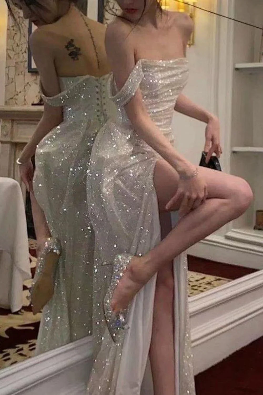 Glamorous Mermaid Off-the-Shoulder Corset Back Floor-Length Sequin Evening Dress