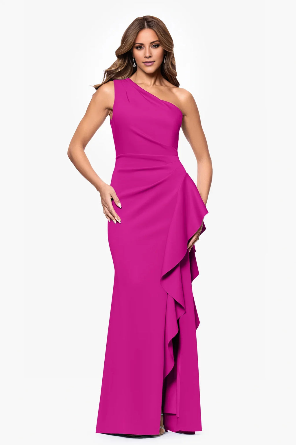 Pink Crepe One Shoulder Floor-Length Evening Dress with Cascading Ruffle