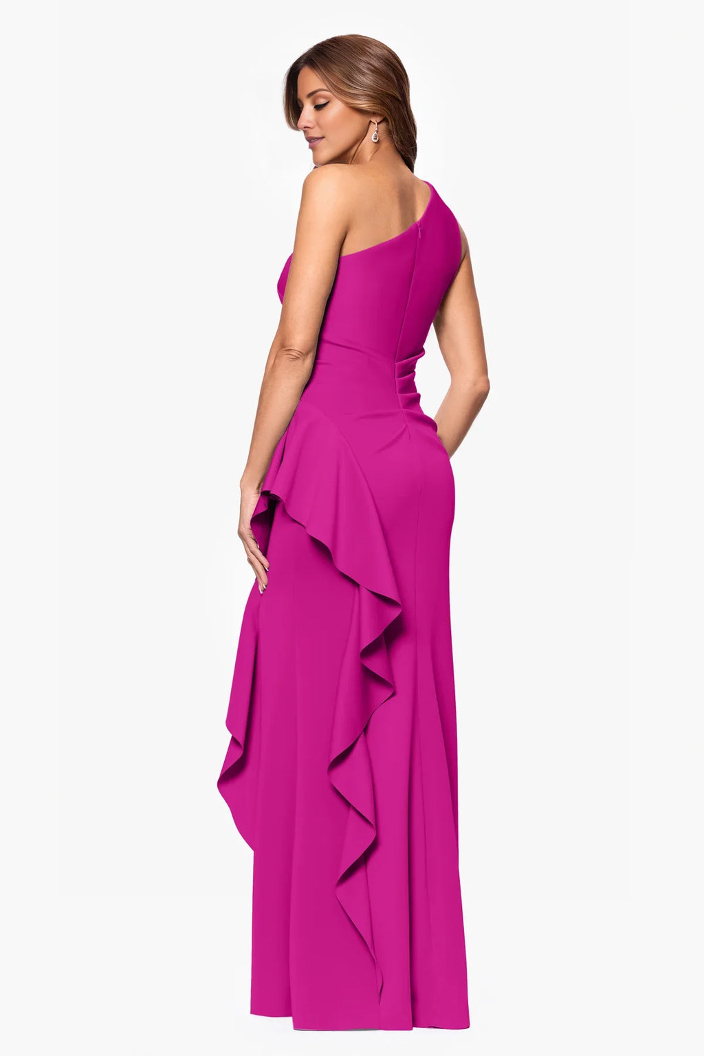 Pink Crepe One Shoulder Floor-Length Evening Dress with Cascading Ruffle