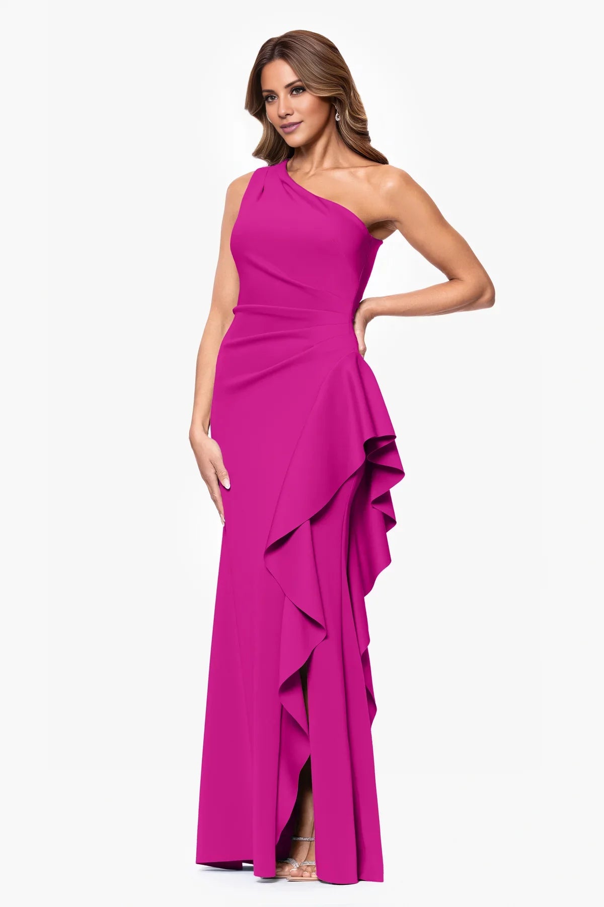Pink Crepe One Shoulder Floor-Length Evening Dress with Cascading Ruffle