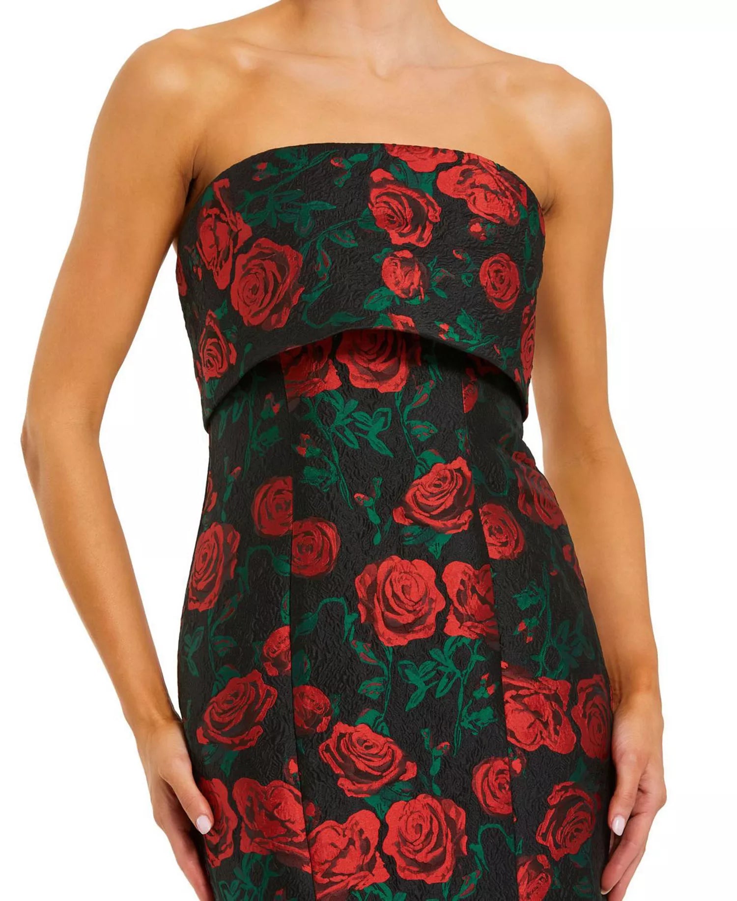 Glamorous Mermaid Silhouette Strapless Rose Jacquard Overlay Detail Maxi Prom Dress