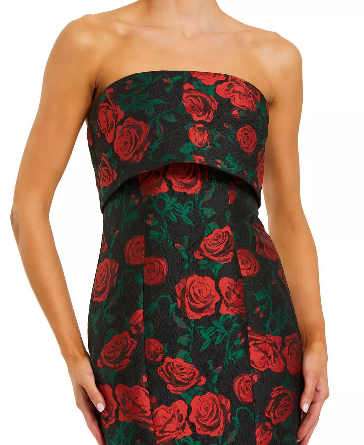 Black Satin Mermaid Floor-Length Evening Dress with Rose Print