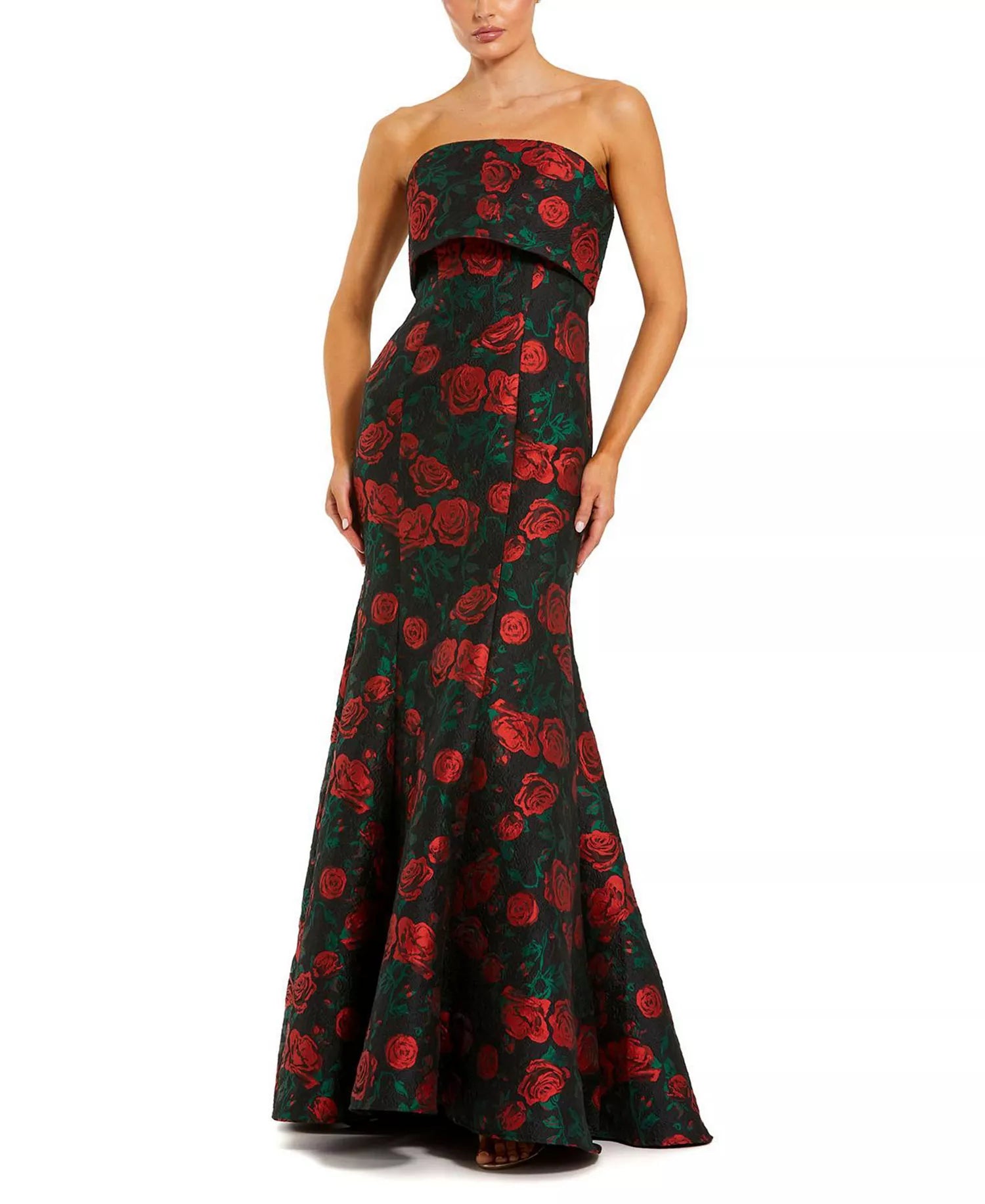 Glamorous Mermaid Silhouette Strapless Rose Jacquard Overlay Detail Maxi Prom Dress