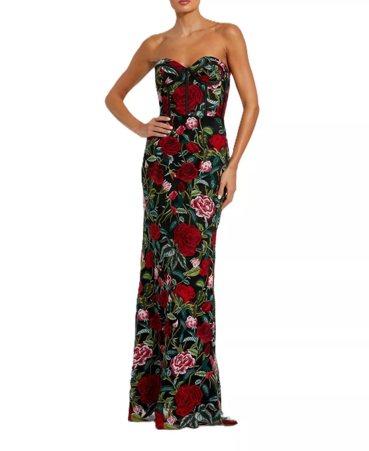Glamorous Mermaid Silhouette Sweetheart Neck Strapless Floral Embroidered Maxi Prom Dress