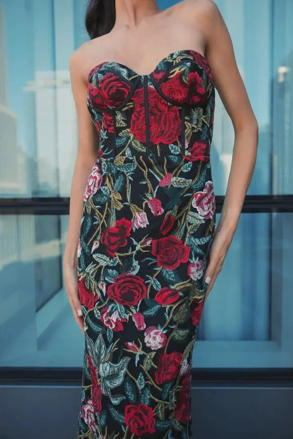 Glamorous Mermaid Silhouette Sweetheart Neck Strapless Floral Embroidered Maxi Prom Dress