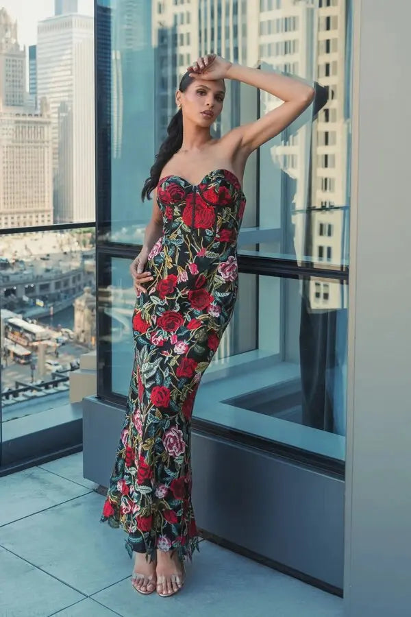 Glamorous Mermaid Silhouette Sweetheart Neck Strapless Floral Embroidered Maxi Prom Dress