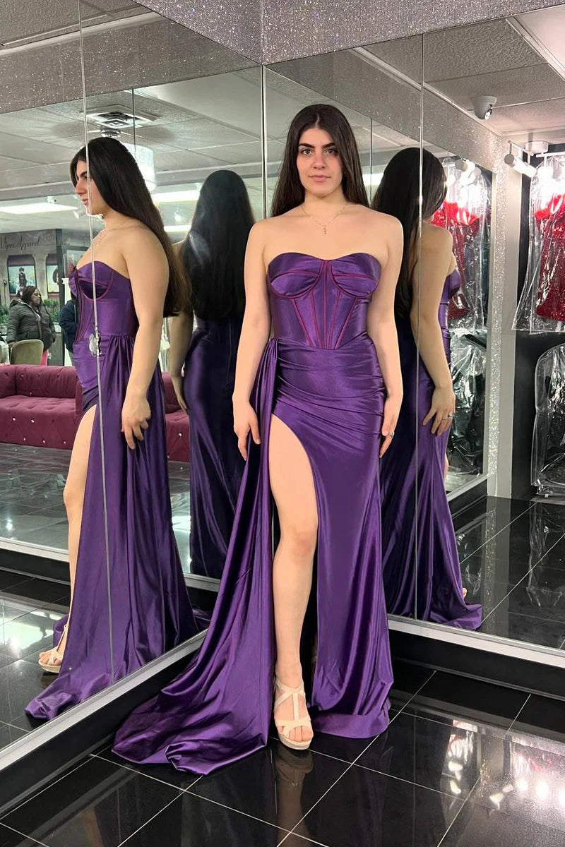 Glamorous Mermaid Strapless Corset-Back High-Slit Floor-Length Satin Evening Dress