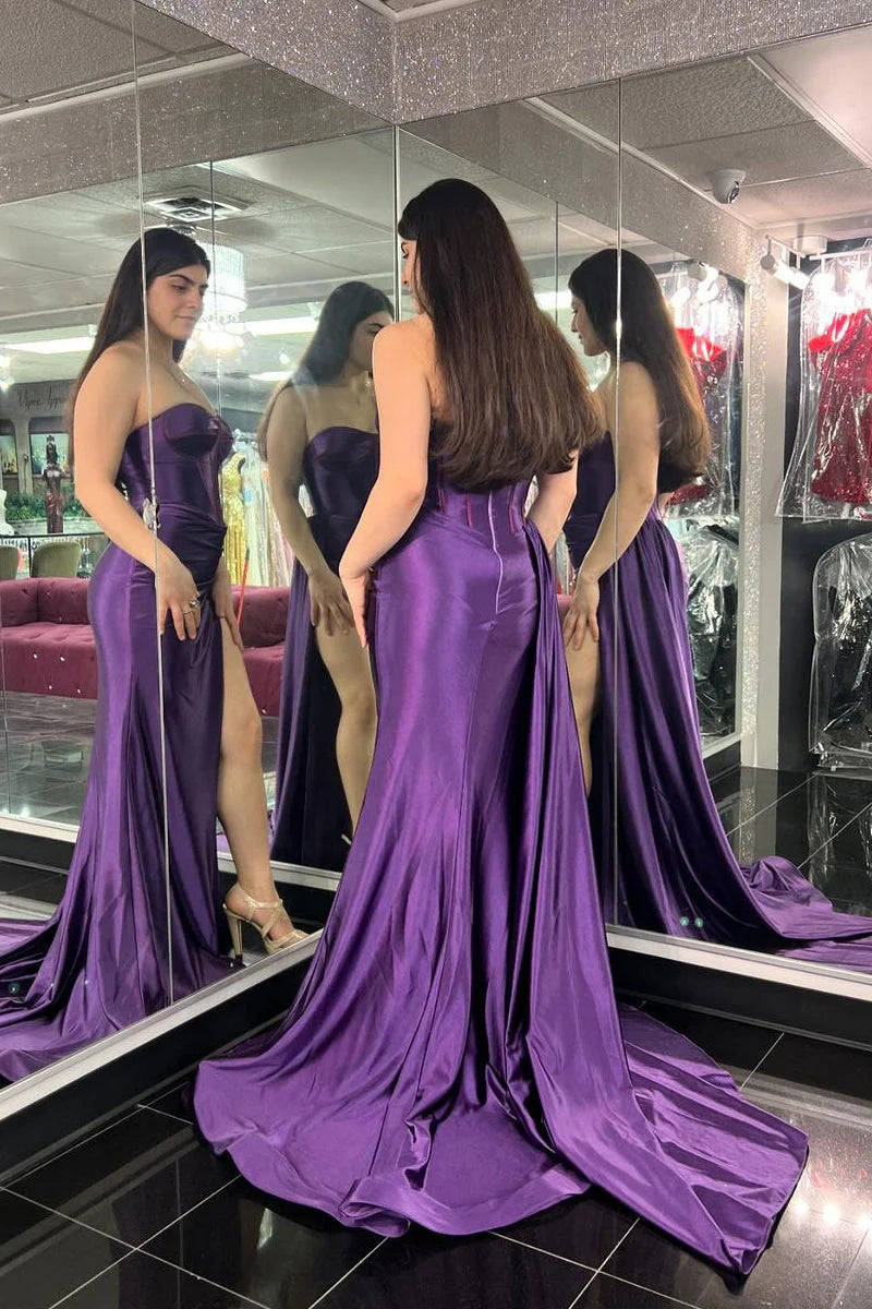 Glamorous Mermaid Strapless Corset-Back High-Slit Floor-Length Satin Evening Dress