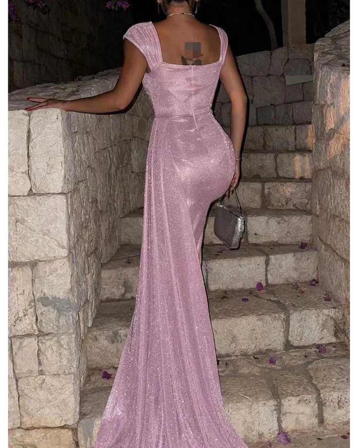 Glamorous Mermaid Sweetheart Cap-Sleeve Back-Zip Floor-Length Glitter Evening Dress