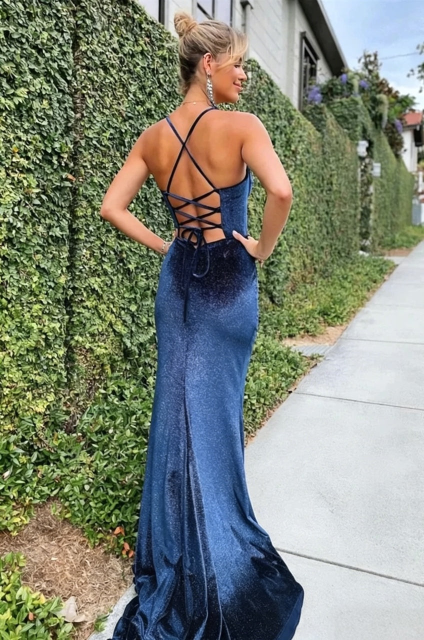 Glamorous Mermaid Sweetheart Spaghetti Straps Lace Up Back Slit Floor Length Evening Dress