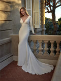 Ivory Satin Mermaid V-Neck Floor-Length Wedding Dress with Lace Panels