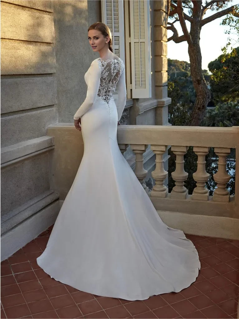 Ivory Satin Mermaid V-Neck Floor-Length Wedding Dress with Lace Panels