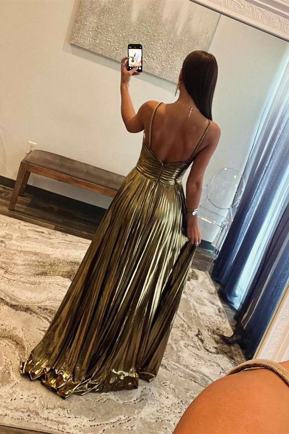 Glamorous Metallic Halter Cutout Ruched Prom Dress with Pleated A-Line Skirt & High Slit