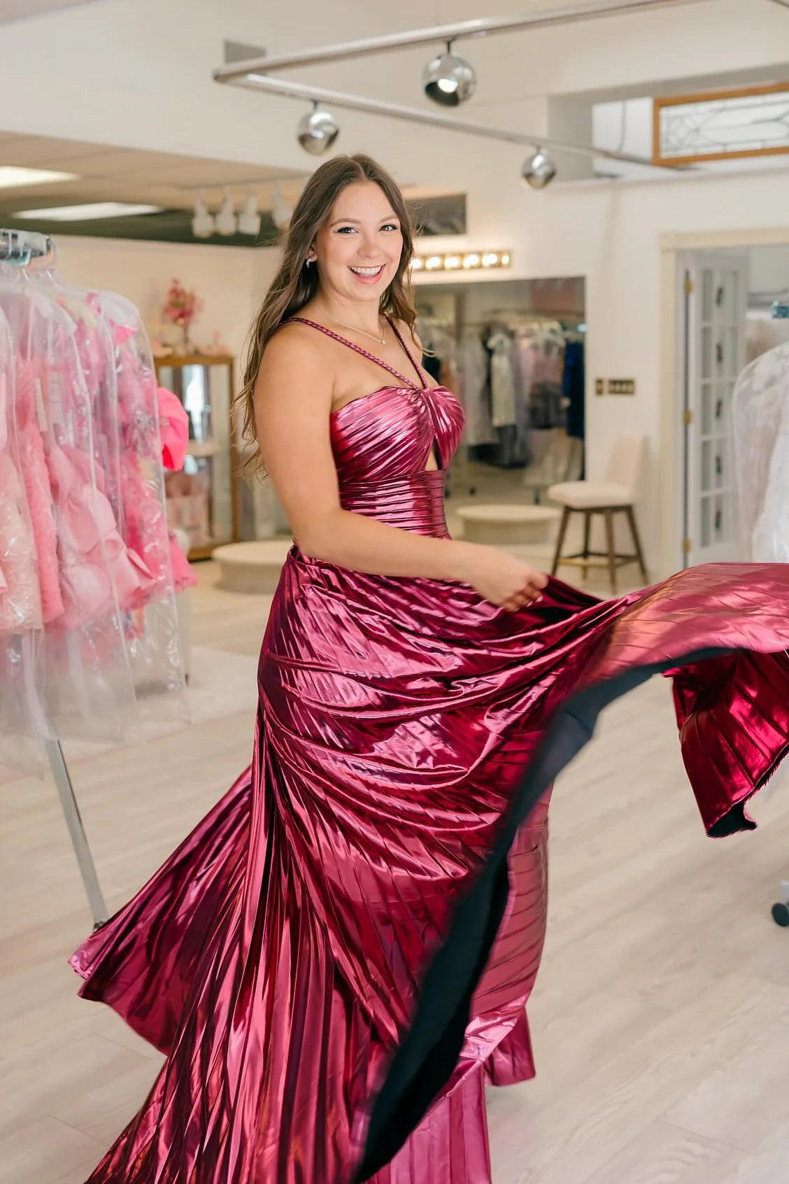 Glamorous Metallic Halter Cutout Ruched Prom Dress with Pleated A-Line Skirt & High Slit