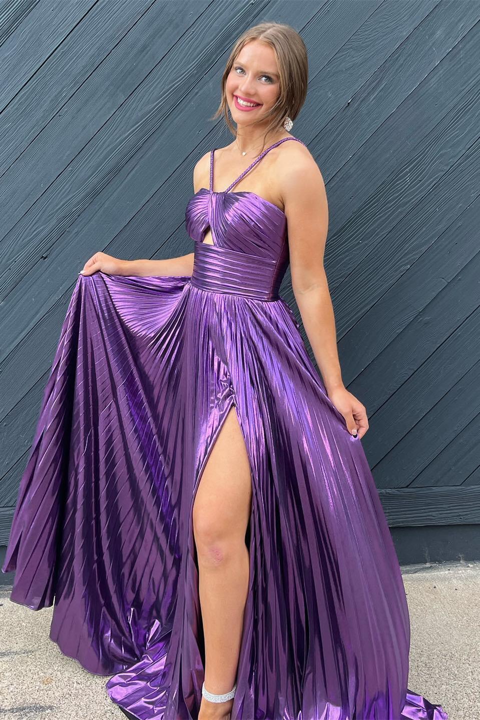 Glamorous Metallic Halter Cutout Ruched Prom Dress with Pleated A-Line Skirt & High Slit
