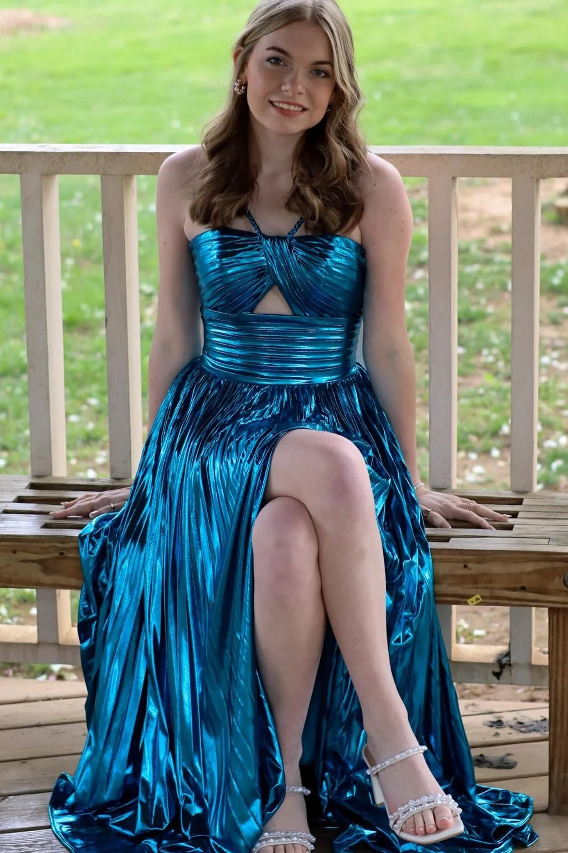 Glamorous Metallic Halter Cutout Ruched Prom Dress with Pleated A-Line Skirt & High Slit