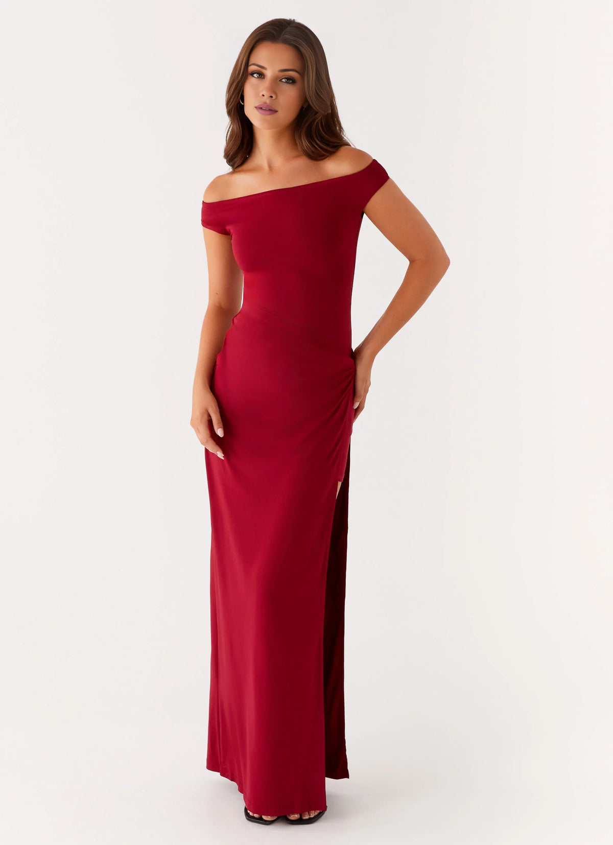 Burgundy Stretch Knit Sheath/column Floor-Length Off-the-Shoulder Dress with High Slit