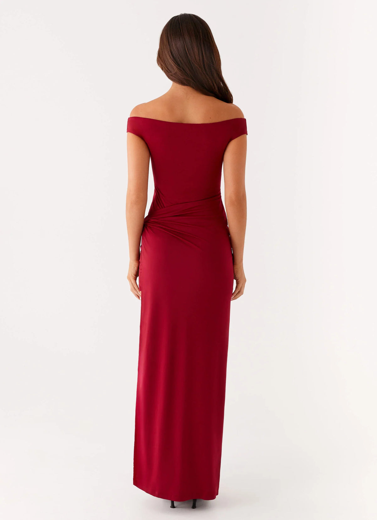 Burgundy Stretch Knit Sheath/column Floor-Length Off-the-Shoulder Dress with High Slit