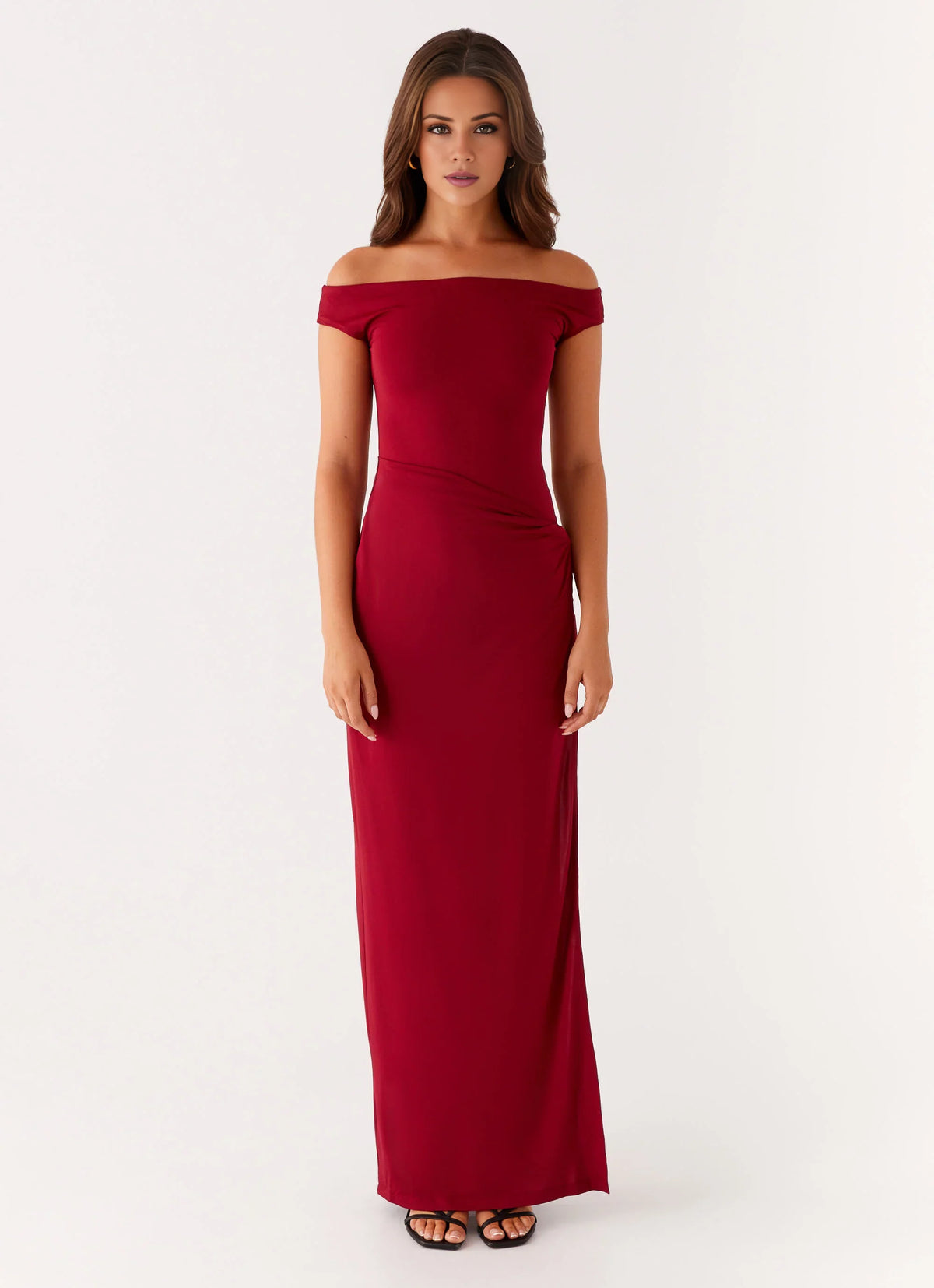 Burgundy Stretch Knit Sheath/column Floor-Length Off-the-Shoulder Dress with High Slit