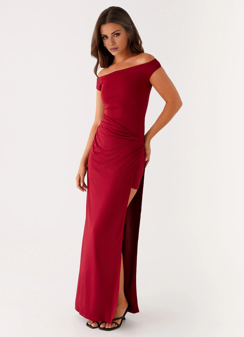 Burgundy Stretch Knit Sheath/column Floor-Length Off-the-Shoulder Dress with High Slit