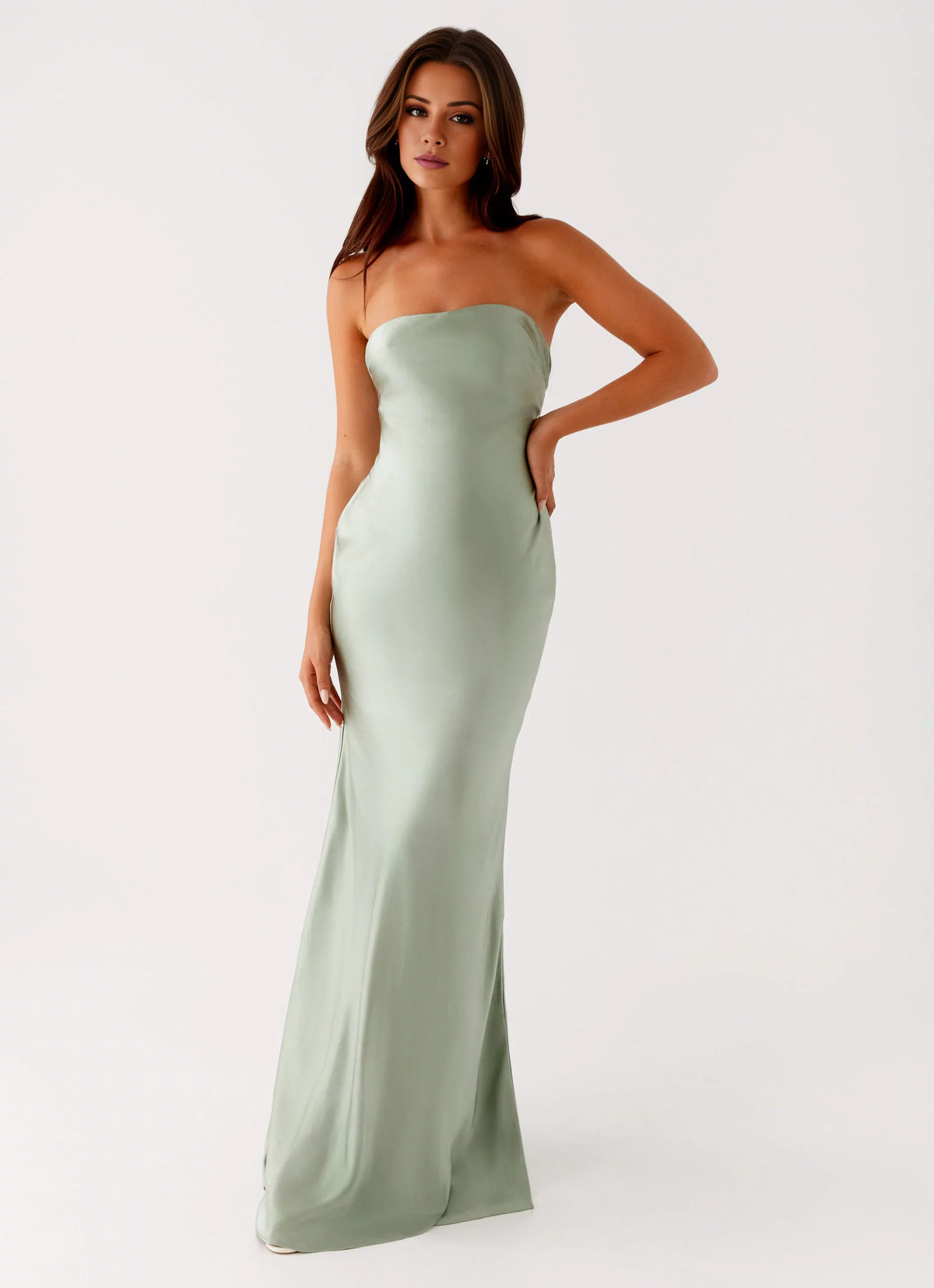 Sage Green Satin Strapless Straight Neck Sheath/Column Floor-Length Dress
