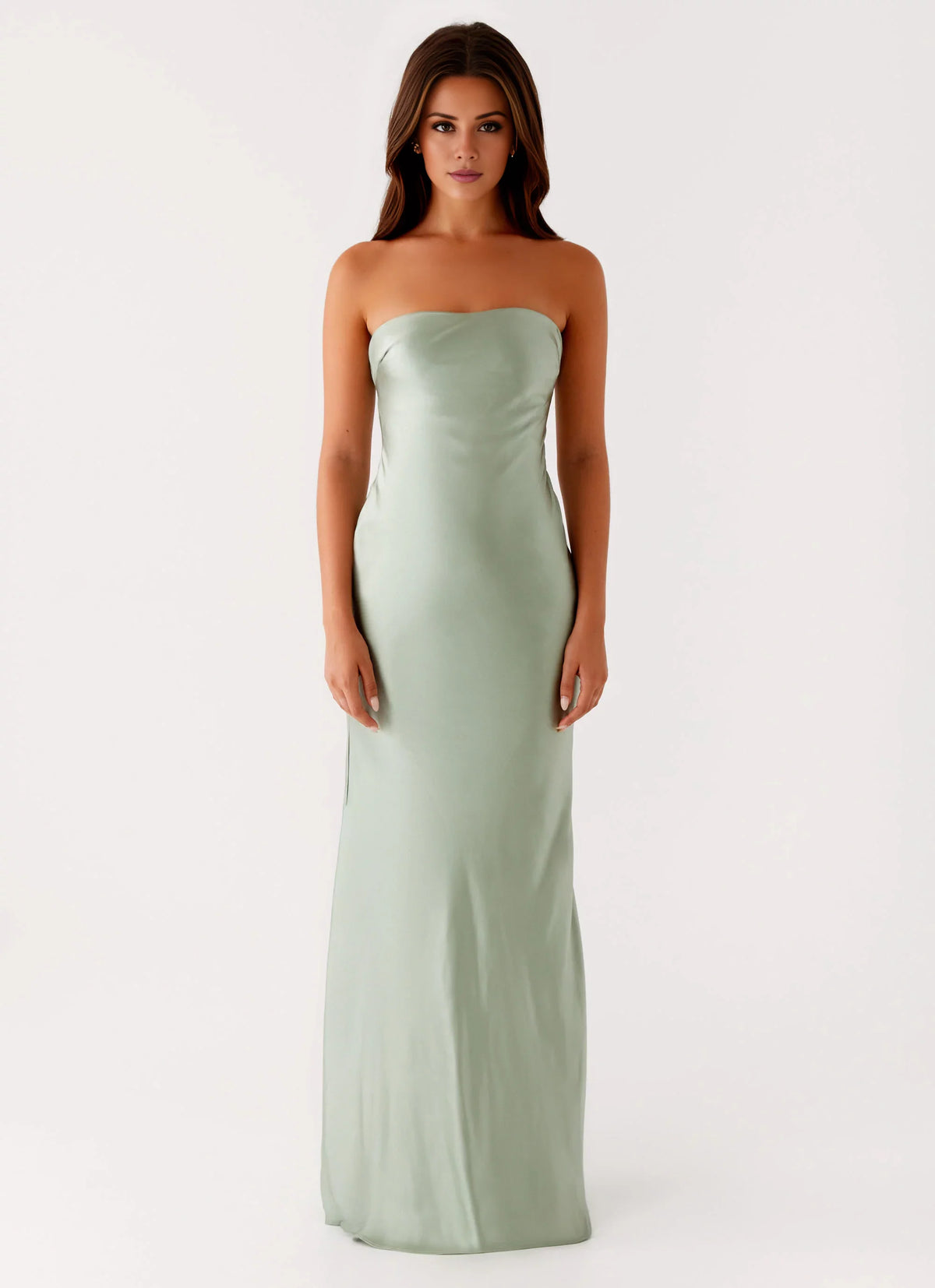 Sage Green Satin Strapless Straight Neck Sheath/Column Floor-Length Dress