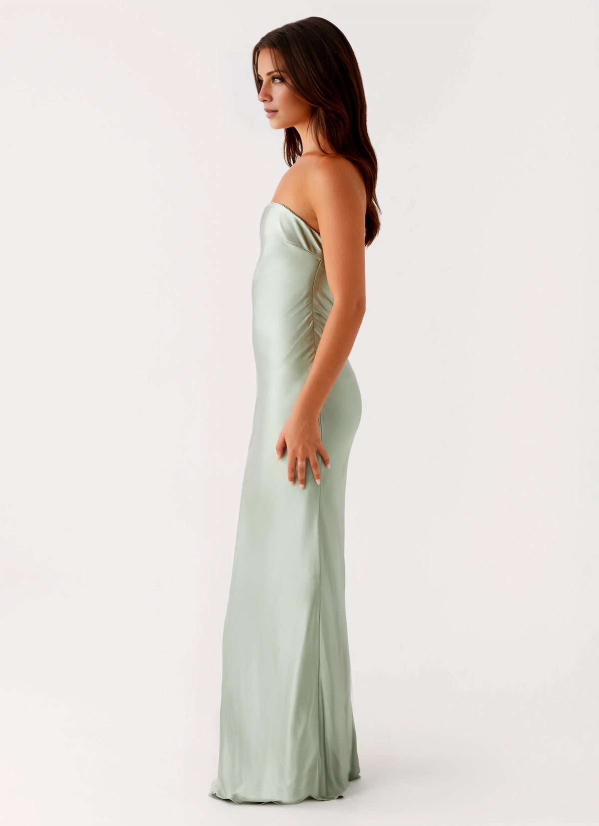 Sage Green Satin Strapless Straight Neck Sheath/Column Floor-Length Dress