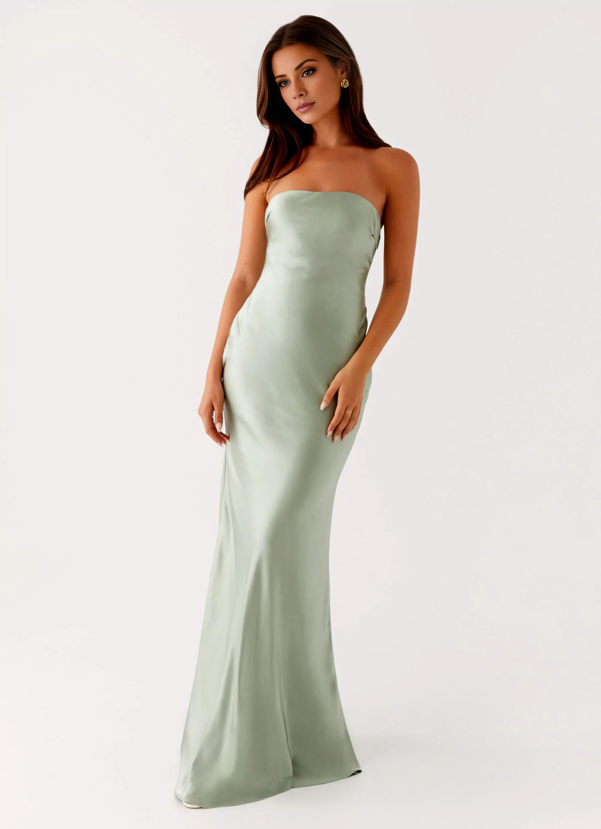 Sage Green Satin Strapless Straight Neck Sheath/Column Floor-Length Dress