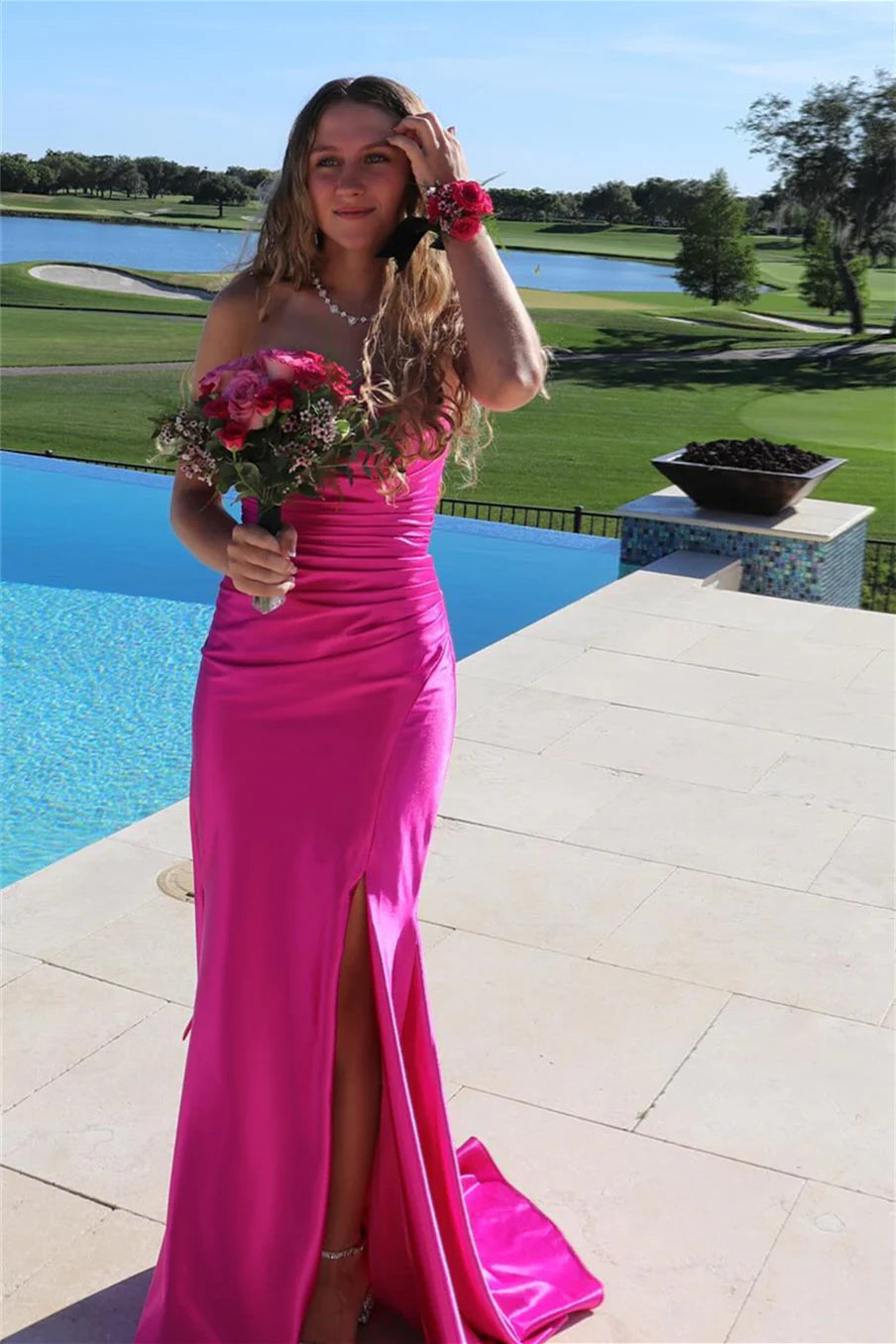 Glamorous Satin Prom Dress with Off-Shoulder Neckline, Ruched Bodice and High Side Slit
