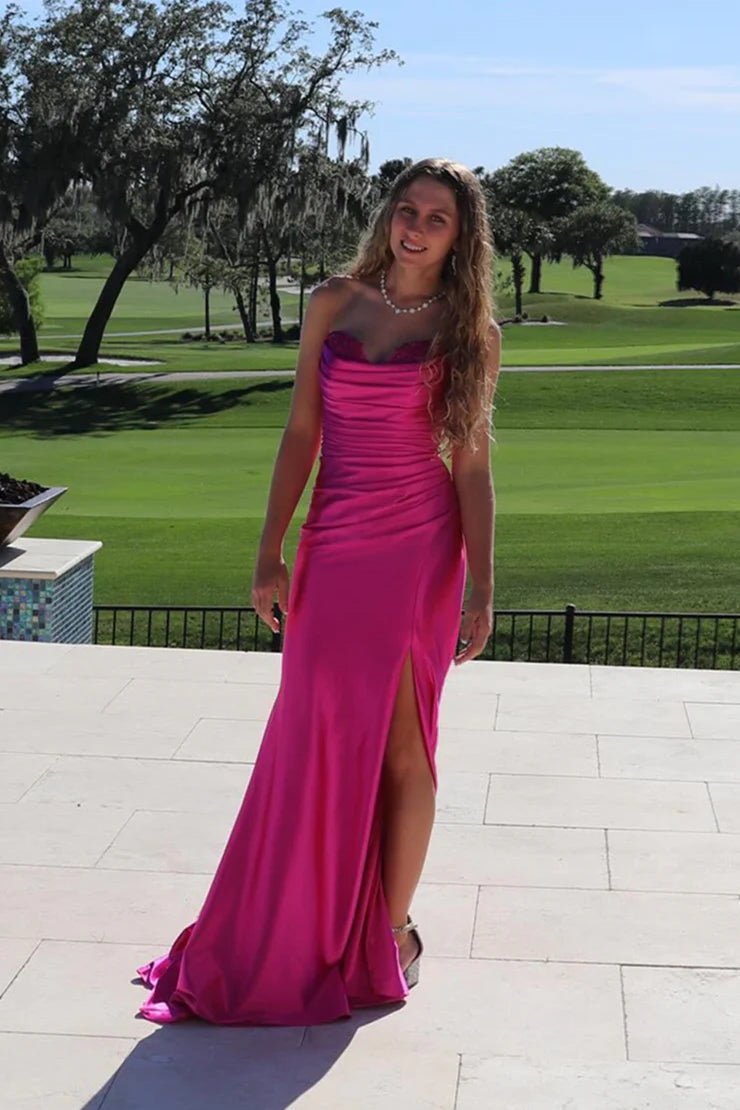 Glamorous Satin Prom Dress with Off-Shoulder Neckline, Ruched Bodice and High Side Slit