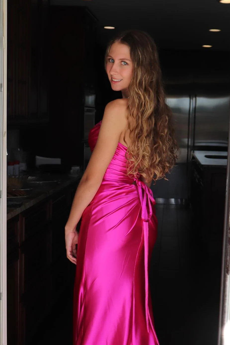 Glamorous Satin Prom Dress with Off-Shoulder Neckline, Ruched Bodice and High Side Slit
