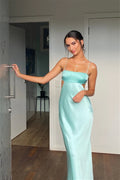 Sky Blue Satin Sheath/column Floor-Length with Straight Neck & Side Cutouts