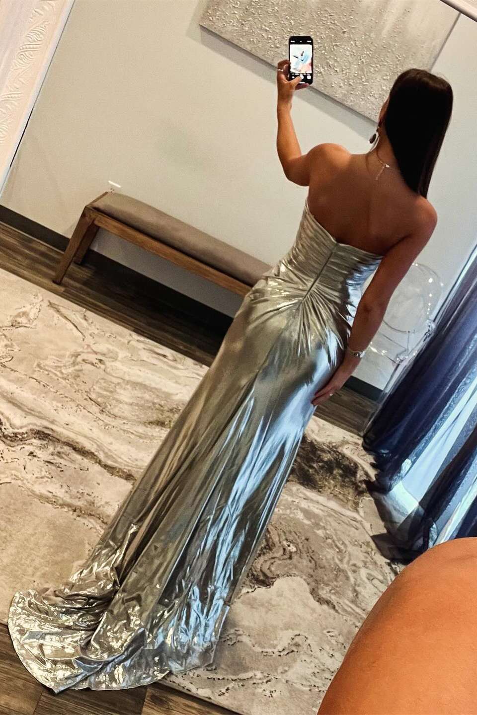 Glamorous Satin Prom Dress with Strapless Neckline, Beaded Bodice and High Side Slit