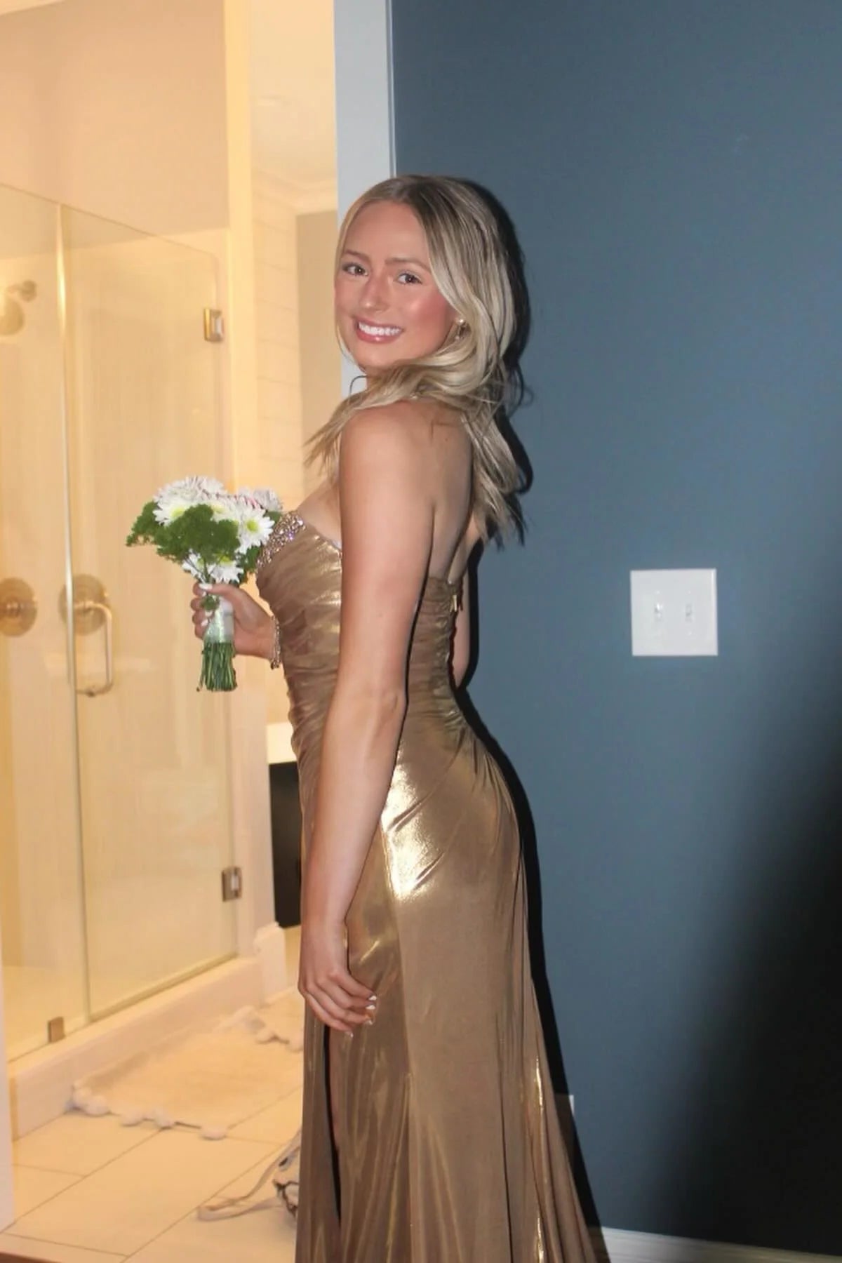 Glamorous Satin Prom Dress with Strapless Neckline, Beaded Bodice and High Side Slit