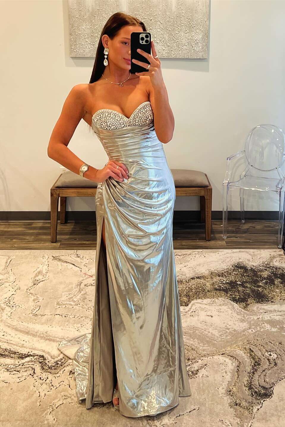 Glamorous Satin Prom Dress with Strapless Neckline, Beaded Bodice and High Side Slit