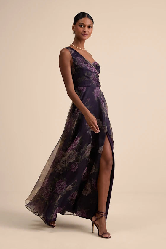 Black Chiffon One Shoulder A-Line Floor-Length Evening Dress