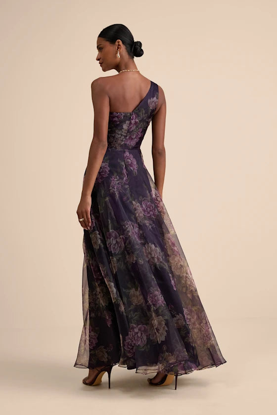 Black Chiffon One Shoulder A-Line Floor-Length Evening Dress
