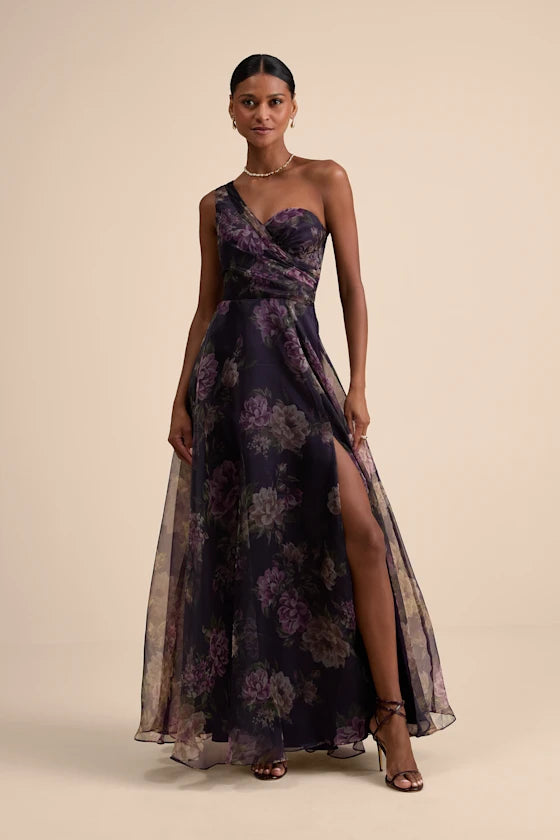 Black Chiffon One Shoulder A-Line Floor-Length Evening Dress