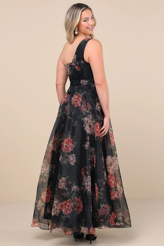 Black Chiffon One Shoulder A-Line Floor-Length Evening Dress