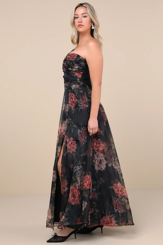 Black Chiffon One Shoulder A-Line Floor-Length Evening Dress