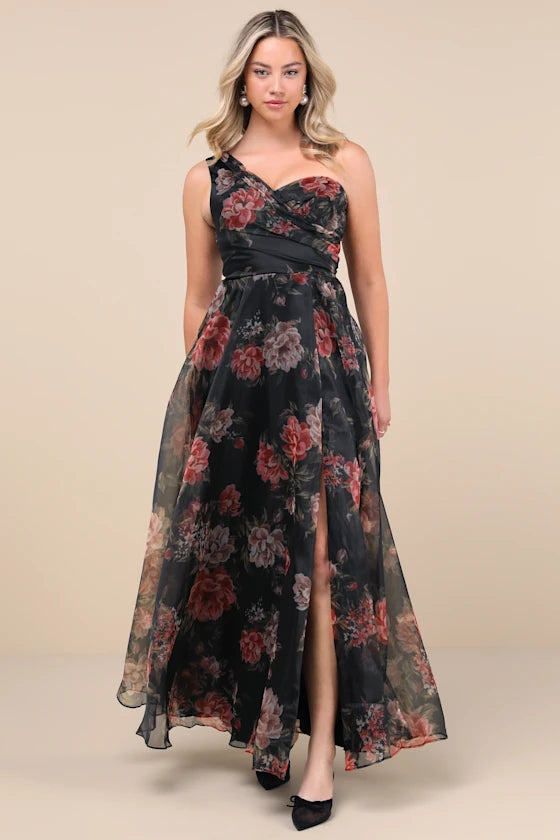 Glamorous Romantic Fitted A-Line One Shoulder Sleeveless Back Zip Floor-Length Prom Dresses