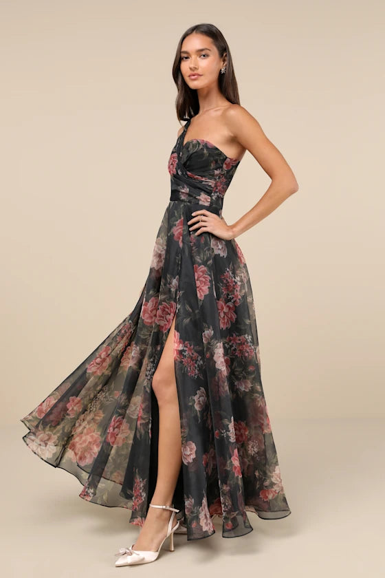 Black Chiffon One Shoulder A-Line Floor-Length Evening Dress
